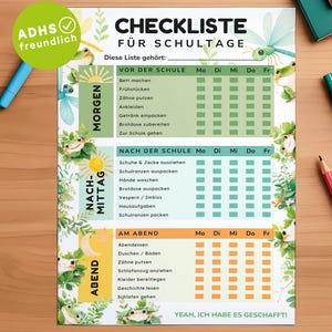 Peut inclure: Une liste de contrôle colorée pour les journées scolaires, avec un thème de grenouilles et de libellules. La liste est divisée en sections matin, après-midi et soir, avec des cases à cocher pour chaque tâche. Le texte comprend "CHECKLISTE FÜR SCHULTAGE".