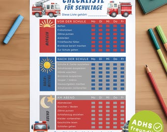 Fire department planning aid – ADHD checklist for the morning and school afternoon – Structural support for children's school days – Daily schedule in German (CH & DE)