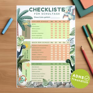 Dinosaur Checklist for School Days – ADHD-Friendly, Visual Support, Dinosaur Design for Children (PDF, German and Swiss Versions) | German