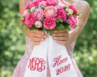 Embroidered Prom  Homecoming Wedding Bouquet Ribbon Sash: Custom Satin, Linen, Grosgrain Ribbon