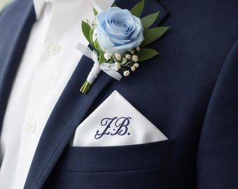 Monogrammed Men’s white satin prom pocket square