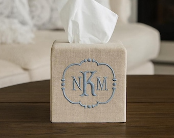 Monogrammed Linen Tissue Box Cover: Personalized Embroidered Gift