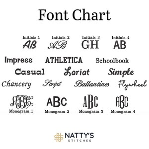 Font chart showing embroidery lettering styles for personalization, including initials, script and block fonts such as Impress, Athletica, Schoolbook, Casual, Lariat, Simple, Chancery, Script, Ballantines and Flywheel, plus four monogram styles.