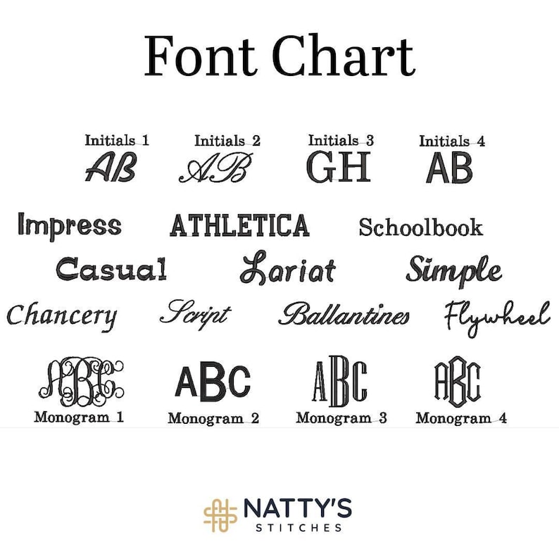 Font chart showing embroidery lettering styles for personalization, including initials, script and block fonts such as Impress, Athletica, Schoolbook, Casual, Lariat, Simple, Chancery, Script, Ballantines and Flywheel, plus four monogram styles.