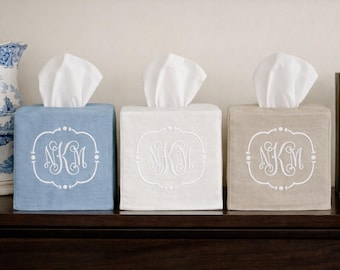 Monogrammed Linen Tissue Box Cover, Embroidered Square Holder