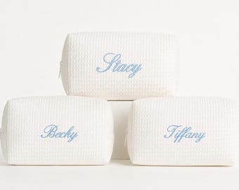 Embroidered Waffle Makeup Bag, Custom Name, Bridesmaid Gift