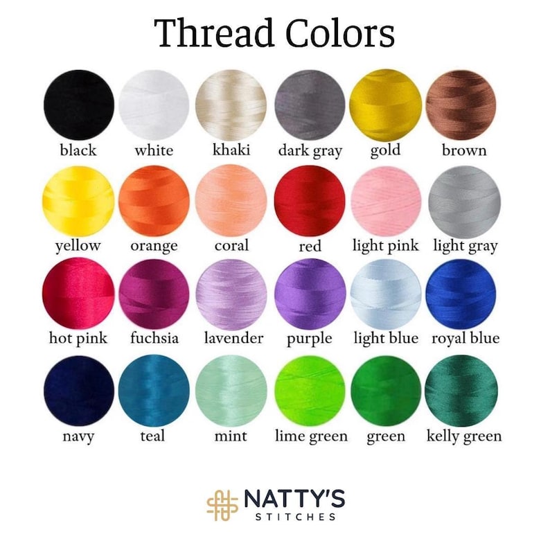Thread color chart with 24 embroidery thread swatches labeled black, white, khaki, dark gray, gold, brown, yellow, orange, coral, red, light pink, light gray, hot pink, fuchsia, lavender, purple, light blue, royal blue, navy, teal, mint, lime green, green and kelly green.