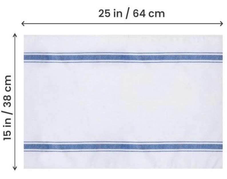Size diagram of the white bread tea towel with blue stripes, measuring 25 inches / 64 cm wide by 15 inches / 38 cm tall.