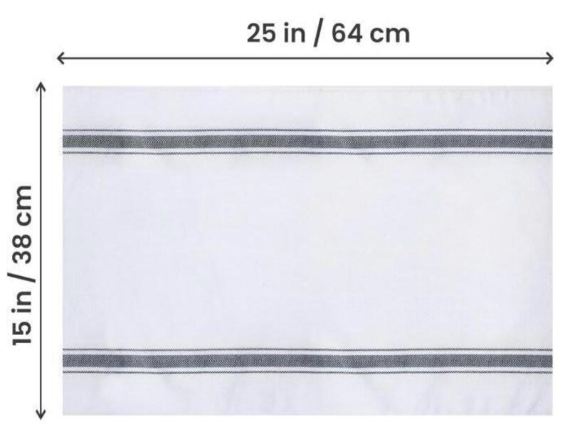 Size diagram of the white bread tea towel with black stripes, measuring 25 inches / 64 cm wide by 15 inches / 38 cm tall.