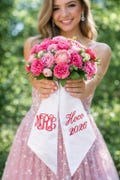 Embroidered Prom Homecoming Wedding Bouquet Ribbon Sash: Custom Satin, Linen, Grosgrain Ribbon