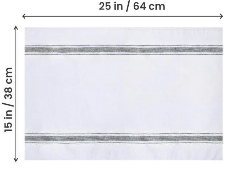 Size diagram of the white bread tea towel with gray stripes, measuring 25 inches / 64 cm wide by 15 inches / 38 cm tall.