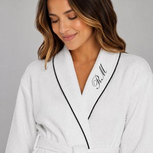 Women’s Custom Embroidered lightweight waffle Robe : Personalized Monogrammed Bathrobe, name or initials with black piping