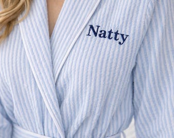 Custom Bride Seersucker Summer Robe: Embroidered Personalized Monogrammed Bathrobe 100% cotton