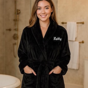 Personalized Embroidered Fleece Robe, Custom Monogram Bathrobe, Plush Lounge Robe Gift for Her