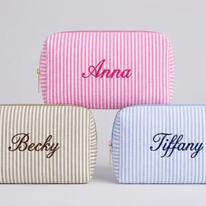 Embroidered Seersucker Makeup Bag, Custom Name, Bridesmaid Gift