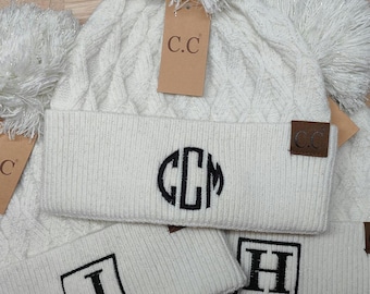 Personalized Embroidered Knit Beanie - Faux Fur Pom Pom Winter Hat