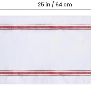Size diagram of the white bread tea towel with red stripes, measuring 25 inches / 64 cm wide by 15 inches / 38 cm tall.