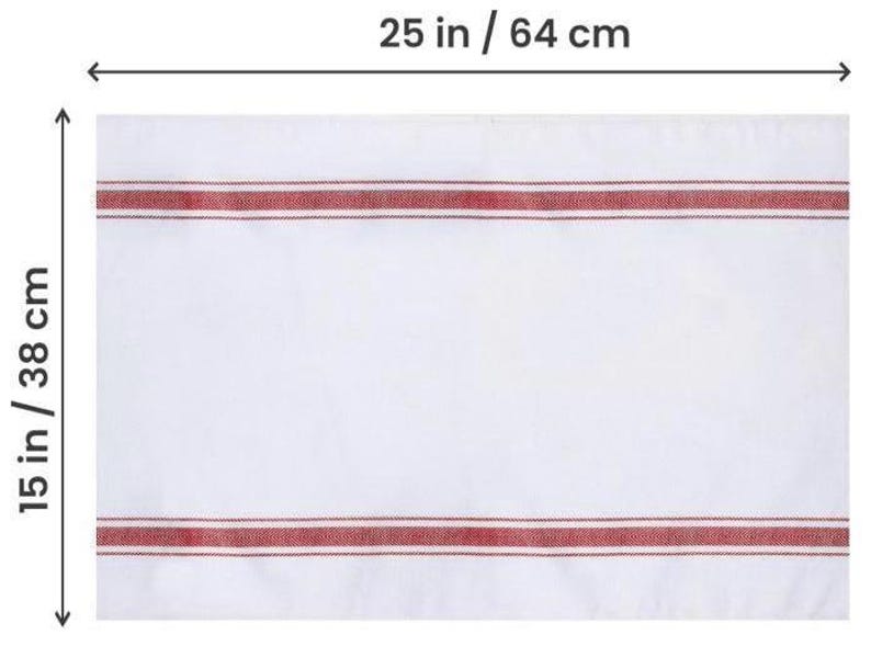 Size diagram of the white bread tea towel with red stripes, measuring 25 inches / 64 cm wide by 15 inches / 38 cm tall.