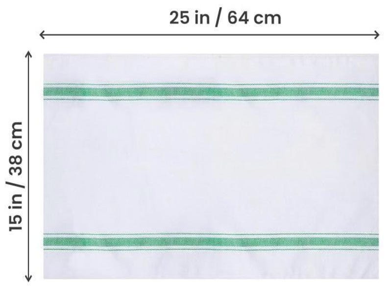 Size diagram of the white bread tea towel with green stripes, measuring 25 inches / 64 cm wide by 15 inches / 38 cm tall.