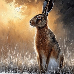 May include: Oil painting of a hare in a field. The hare is brown and white with long ears, sitting upright and looking left. The background is a warm, golden light with dark clouds. The painting is signed by S. Thompson.
