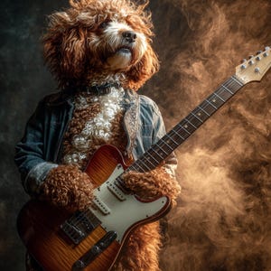 May include: A dog dressed in a denim jacket and holding a sunburst electric guitar. The dog has brown curly fur and is wearing a black collar. The guitar has a white pickguard and a wooden neck. The background is a smoky brown.