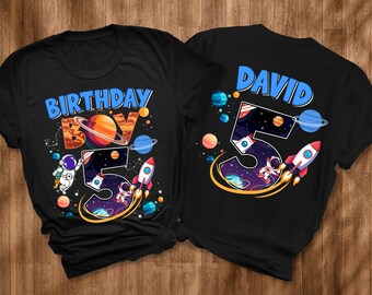 Personalized Birthday Rocket Astronaut-Themed T-Shirts Custom Rocket Name Shirt for Boys Space Birthday Party Shirt Outer Space Tee