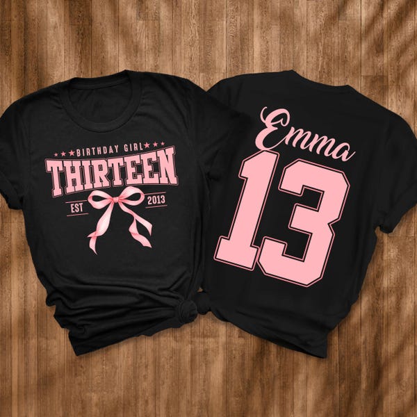 Pink Bow Thirteenth Birthday Shirt, Coquette University Style Girls Birthday Party Tee, 13 Year Old Birthday Gift, Year Est., 13th B-Day