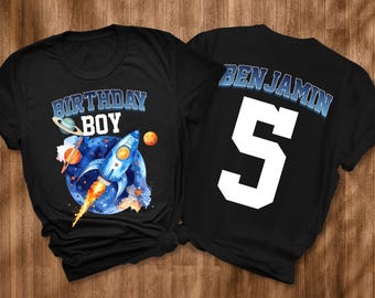 Personalized 5th Birthday Rocket Astronaut-Themed T-Shirts Custom Rocket Name Shirt for Boys Space Birthday Party Shirt Outer Space Tee