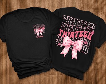 Pink Bow Thirteenth Birthday Shirt, Coquette University Style Girls Birthday Party Tee, 13 Year Old Birthday Gift, Year Est., 13th B-Day