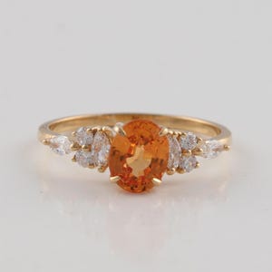 Oval Natural AAA Mandarin Spessartite Garnet Gemstone Ring, 10k/14k Solid Gold Solitaire Cluster Lab Diamond Marquise Stackable Gift Rings