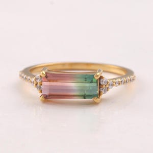 Natural Bio-Color Watermelon Tourmaline Ring 14K Solid Gold Luster Very Clean Genuine Real Diamond Rind Promise Ring Gift for Her