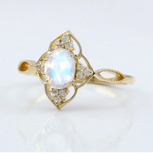 18k Solid Gold Real Rainbow Moonstone Ring, Real Diamond Aurora Rainbow Moonstone Wedding Ring, Handmade Solid Gold Jewelry Christmas Gift