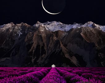 Moon Over Mountain & Lavender Field Art Print