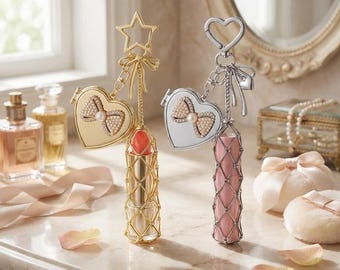 Customizable Lipstick Keychain with Bow Mirror,Elegant Stainless Steel Bag Charms, Valentine's Gift for Her Birthday gifts