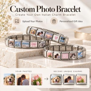 Puede incluir: Tres pulseras de eslabones italianos en tono plateado con fotos personalizadas, incluyendo imágenes de mascotas, parejas, flores y corazones. El texto dice: Custom Photo Bracelet, Create Your Own Italian Charm Bracelet.