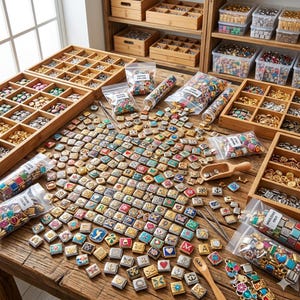 Pode incluir: Uma coleção de pingentes quadrados coloridos com vários designs, incluindo letras, corações e âncoras, é exibida em uma mesa de madeira. Os pingentes são organizados com bandejas de madeira e recipientes de armazenamento cheios de suprimentos para fazer joias.