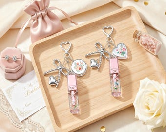 Personalized Lipstick Keychain, Custom Photo Mirror Bow Makeup Bag Charm, Wedding Favor