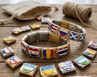 Heart Flag Italian Charm Bracelet, Stainless Steel Gold Silver, Customizable Travel Pride