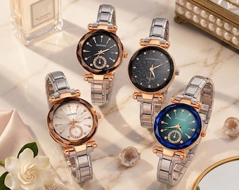 Two-Tone Italian Charm Watch, Rose Gold Celestial Timepiece, Adjustable Modular Bracelet