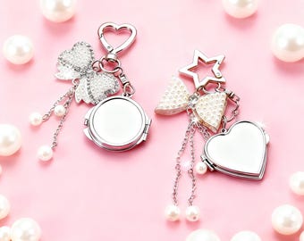 Custom Photo Keychain with Mirror, Y2K Bow Charm, Personalized Gift