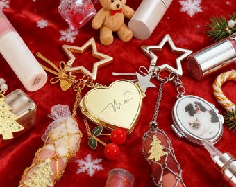 Personalized Christmas Gifts Lipstick Keychain Stainless Steel Makeup Bag Charms Custom Mirror Wedding Gift