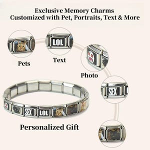 Könnte beinhalten: Ein silbernes Charm-Armband mit verschiedenen rechteckigen Charms. Einige Charms zeigen Tierporträts, das Wort "LOL", das Wort "SEX" und andere Designs. Der Text "Exclusive Memory Charms" und "Personalized Gift" sind ebenfalls sichtbar.