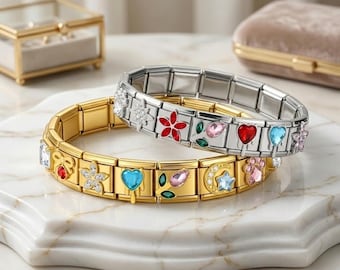 Italian Charm Links, Stainless Steel Crystal Heart Star Charms, Modular Bracelet