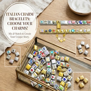 Può includere: Un assortimento di braccialetti con ciondoli italiani e singoli ciondoli. I ciondoli sono argentati e dorati, con vari disegni e simboli. L'immagine include il testo "ITALIAN CHARM BRACELETS: CHOOSE YOUR CHARMS! Mix & Match to Create Your Unique Story."