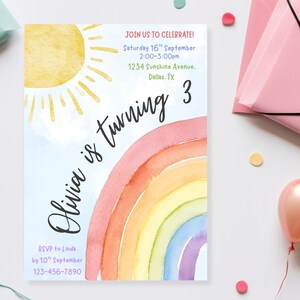 Regenboog verjaardagsuitnodiging aquarel regenboog feest meisjes verjaardagsuitnodiging kleurrijke feestuitnodiging bewerkbare canvassjabloon