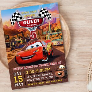 Cars McQueen uitnodiging verlichting McQueen Cars uitnodiging sjabloon Cars Mater Invite filmthema McQueen Mater Invite Kiddies thema McQueen Party