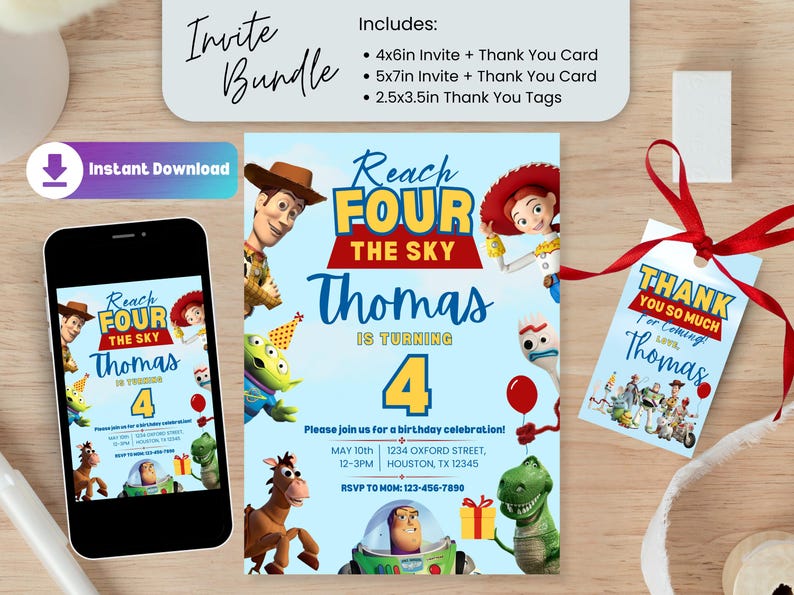 toy story invitation, buzz light year, toy story theme, toy story gift tag, invite movie theme, cute toy story, customisable invite, reach for the sky, jessie, toy story birthday, toy story party, youve got a friend, woody birthday, buzz lightyear