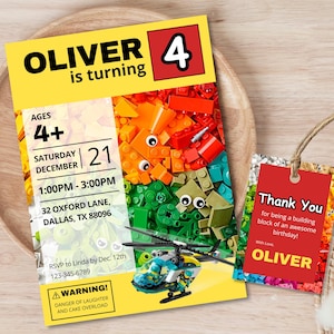 May include: A yellow birthday invitation with the text "OLIVER is turning 4" and event details. A matching thank you tag is included. The invitation features a colorful Lego-themed design with a helicopter.