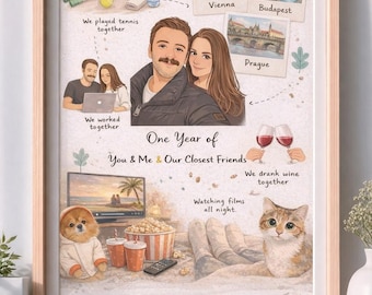 Ilustración personalizada de historia de amor a partir de una foto, arte personalizado para crear una línea de tiempo de recuerdos, regalo único para parejas, póster de descarga digital.