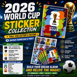 Op de afbeelding: Een digitale stickercollectie voor het WK 2026 met een officieel albumomslag in kleurrijke geometrische vormen, een afbeelding van de FIFA Wereldbeker, een vel met nationale teamstickers en een voetbal op een stadionveld.